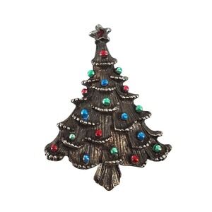 Vintage Christmas Tree Brooch Silver Tone Multicolor Rhinestone Holiday Pin 2"‎